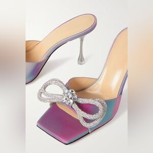 MACH & MACH Double Bow crystal-embellished iridescent moire mules